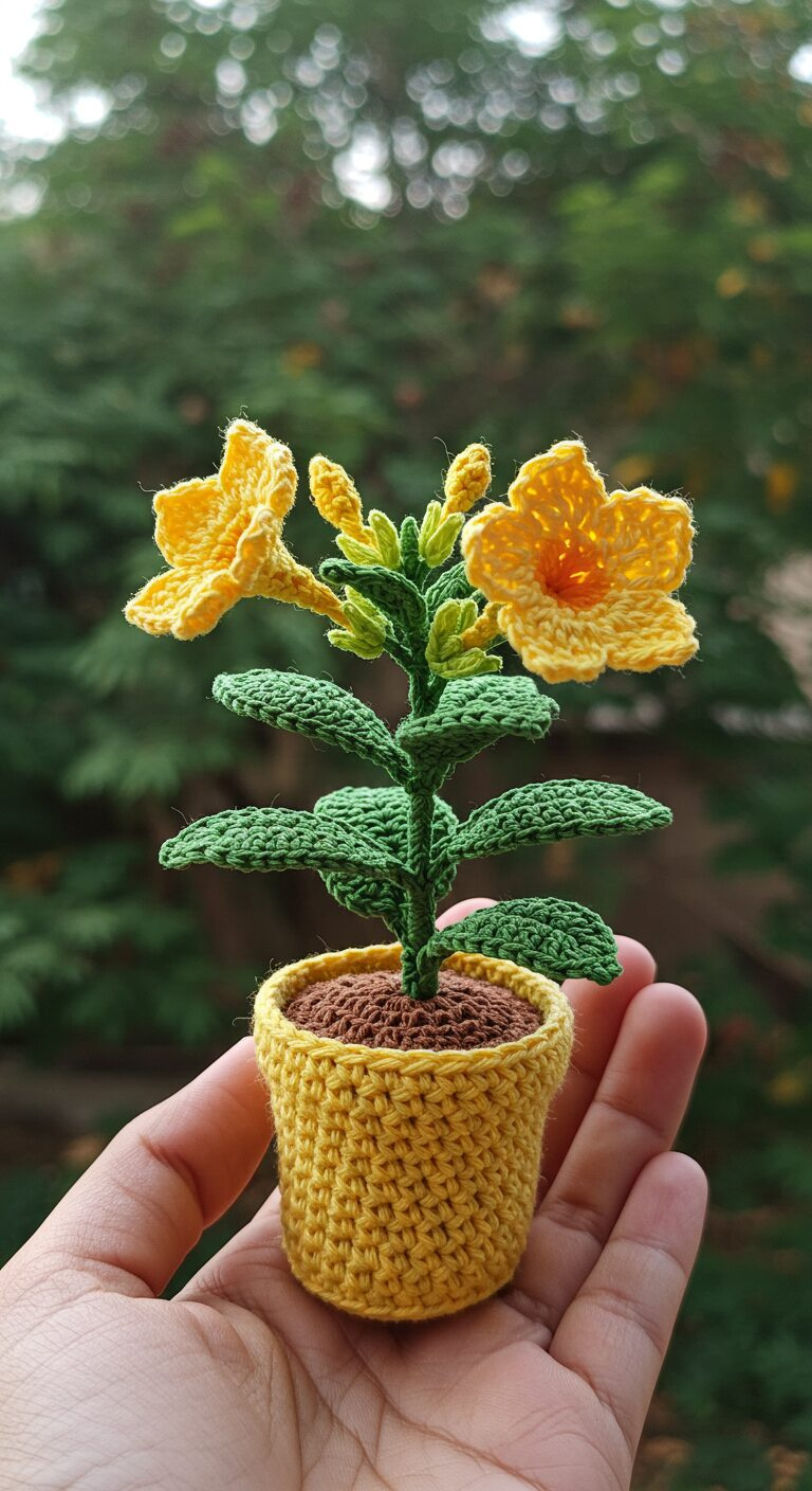 Mini Crochet Allamanda Cathartica Plant– Sunshine Blooms in Yarn 1 Crochet Allamanda in Textured Yellow Pot 1