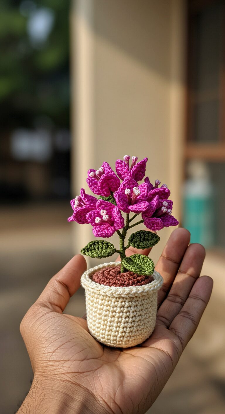 Mini Crochet Bougainvillea Glabra Plant – Vivid Blooms in a Palm-Sized Crochet Masterpiece 1 Fuchsia Crochet Plant in Minimalist White Pot 1