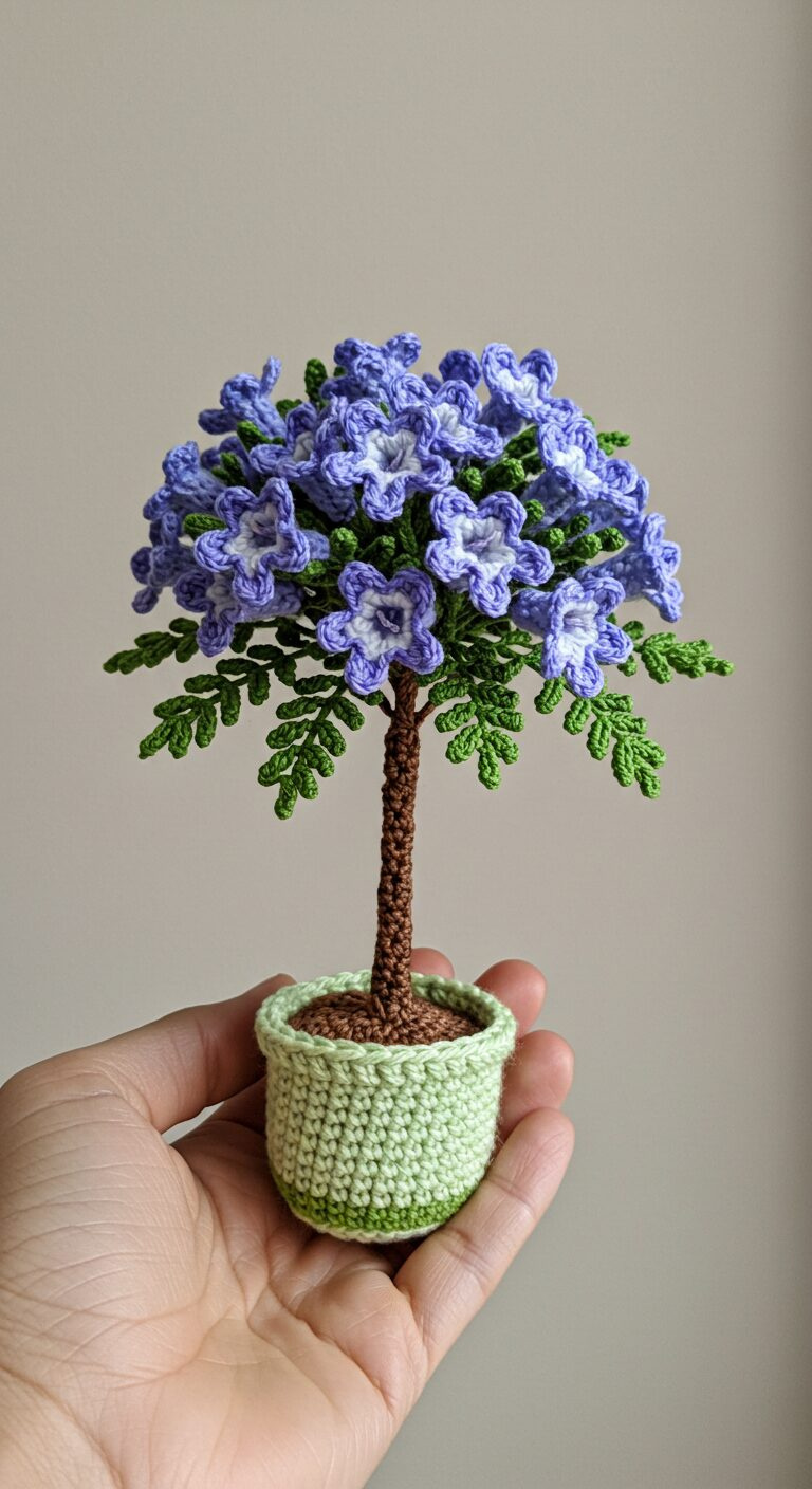 Mini Crochet Jacaranda Tree – A Purple Blossom in the Palm of Your Hand 1 Jacaranda Tree in a Light Green Pot 1