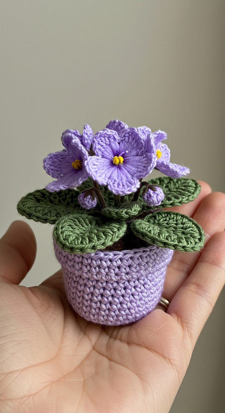 Mini Crochet African Violet in Pot – Delicate Handmade Floral Charm 1 Mini Crochet African Violet in Lilac Pot 1