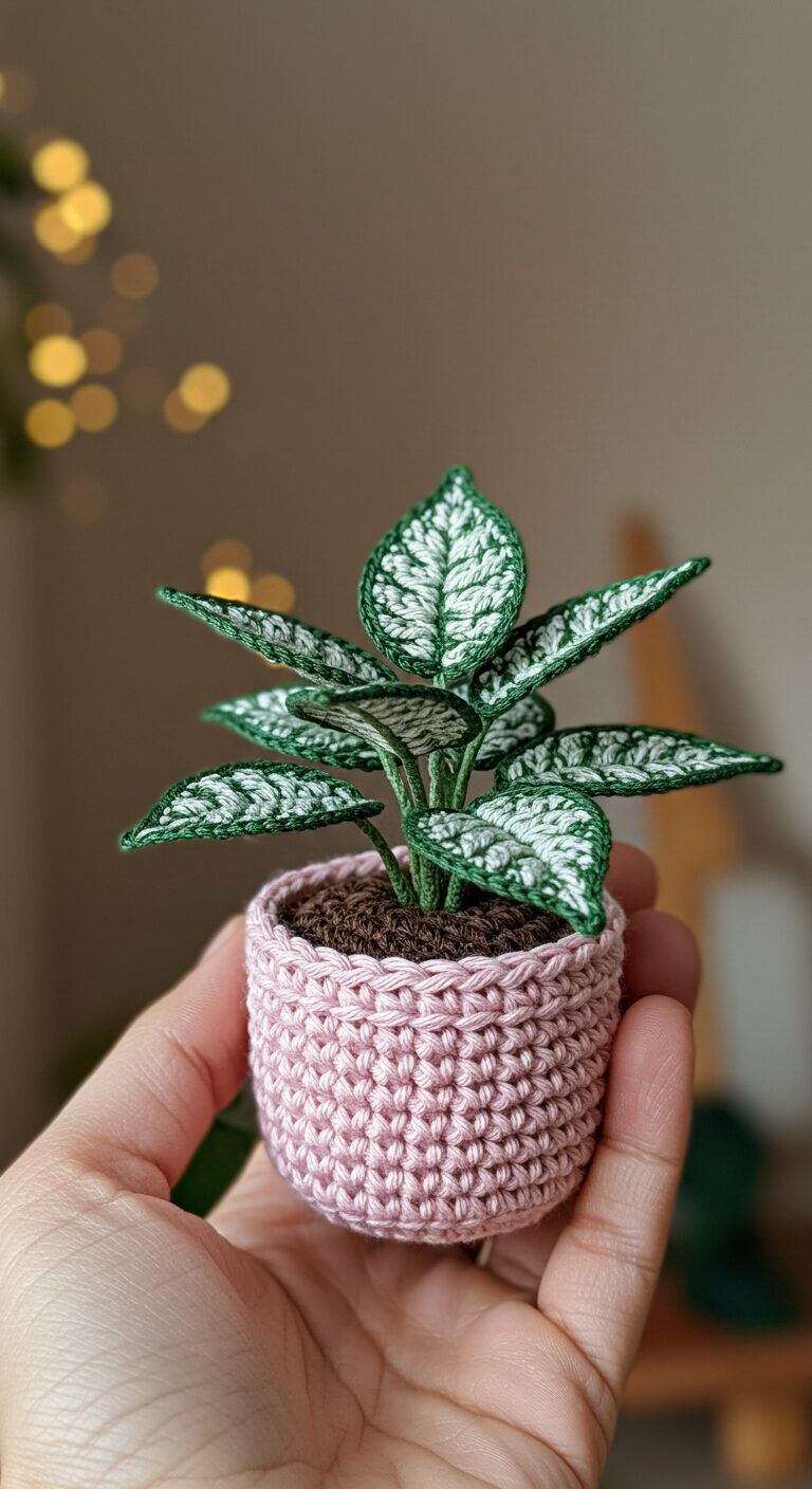 Mini Crochet Aglaonema Spp Plant – Decorative Yarn Plants with Vibrant Foliage 1 Mini Crochet Aglaonema Flower with Silvery Leaves 1 1