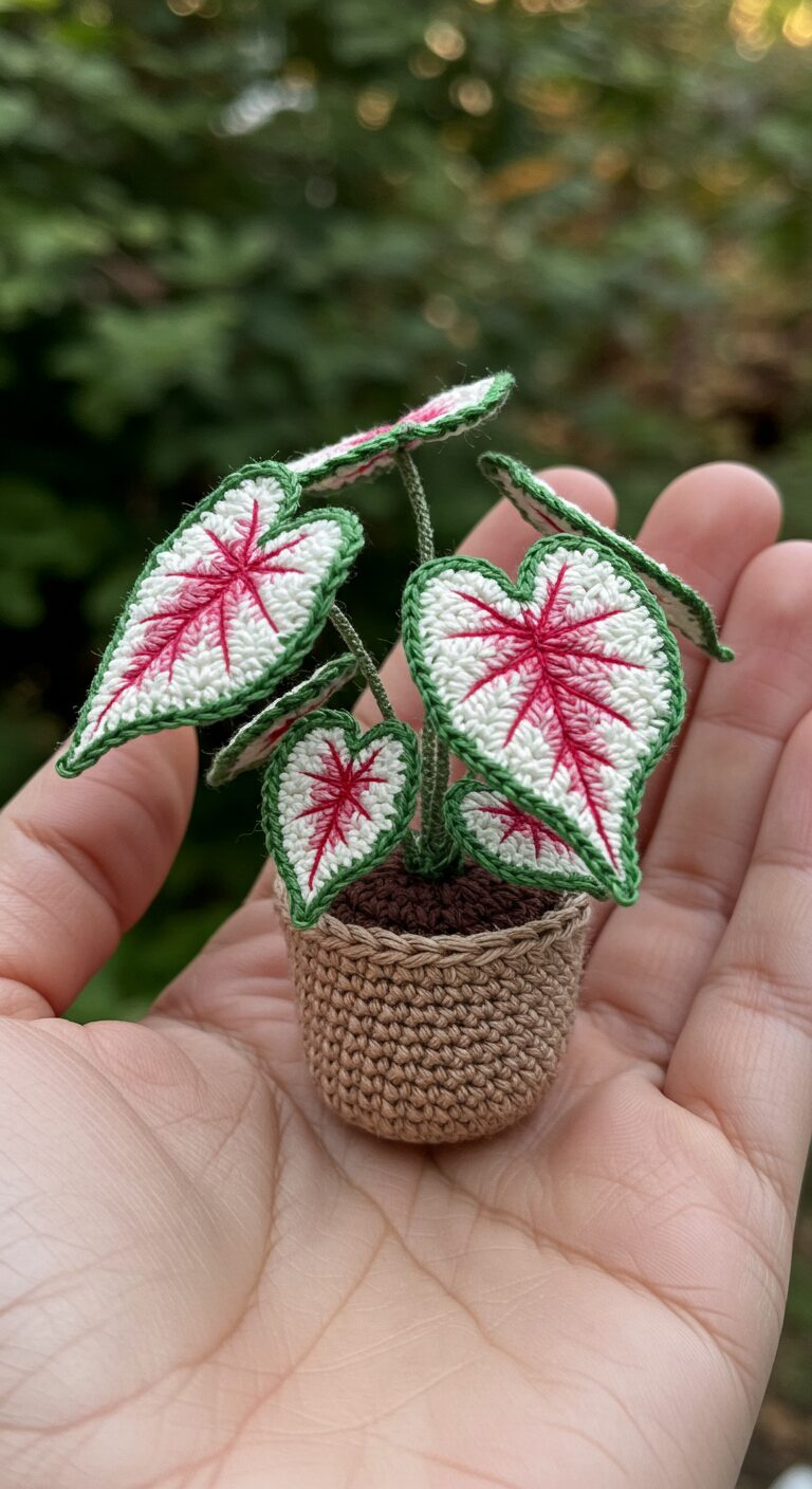 Mini Crochet Caladium Bicolor Plant – A Burst of Color in Every Stitch 1 Mini Crochet Caladium Bicolor Flower with Red Veins 1
