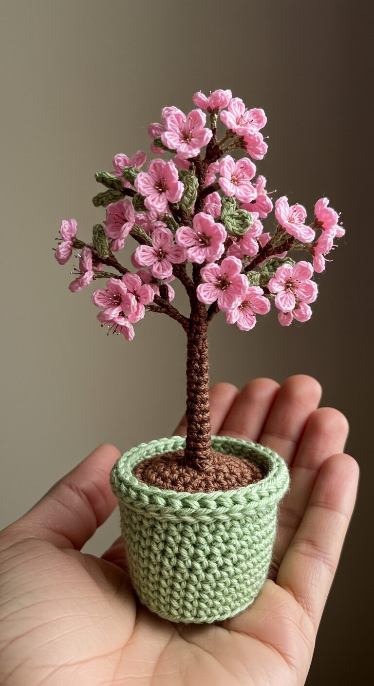 Mini Crochet Cherry Blossom Tree – Delicate Beauty in Handmade Form 1 Mini Crochet Prunus Tree in Light Green Pot 1