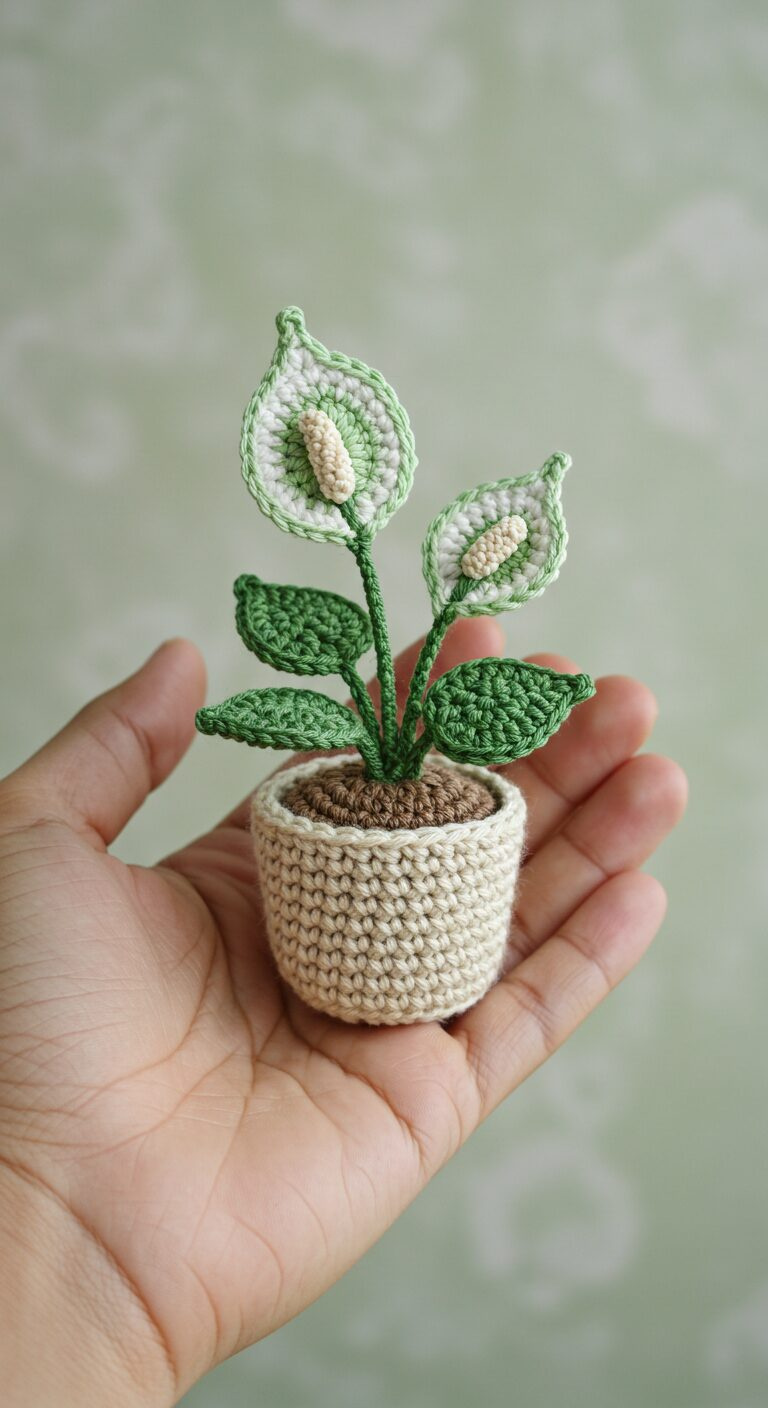 Mini Crochet Spathiphyllum Wallisii Plant – Elegance in Yarn Form 1 Mini Crochet Spathiphyllum Flower in Beige Pot 2