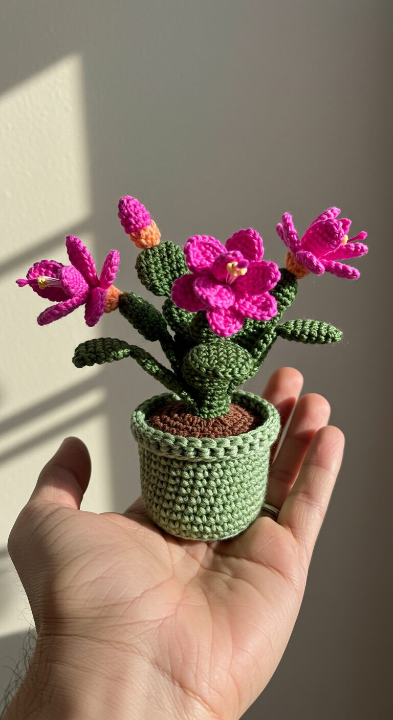 Mini Crochet Schlumbergera Truncata – A Festive Touch in Blooming Crochet Flowers 1 Mini Crochet Spathiphyllum Flower in Lavender Pot 2