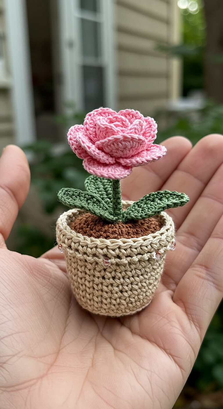 Handcrafted Beauty: Mini Crochet Desert Rose Plants 1 Outdoor Light on Crochet Plant 1