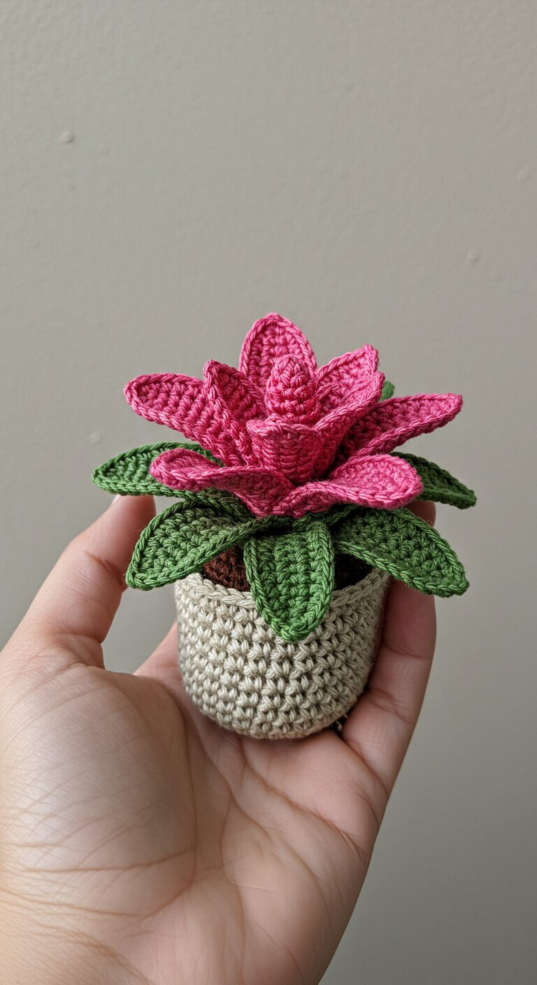 Mini Crochet Bromeliaceae Plant – A Vibrant Tropical Accent in Yarn 1 Soft Pink and Green Bromeliad Crochet Plant 1