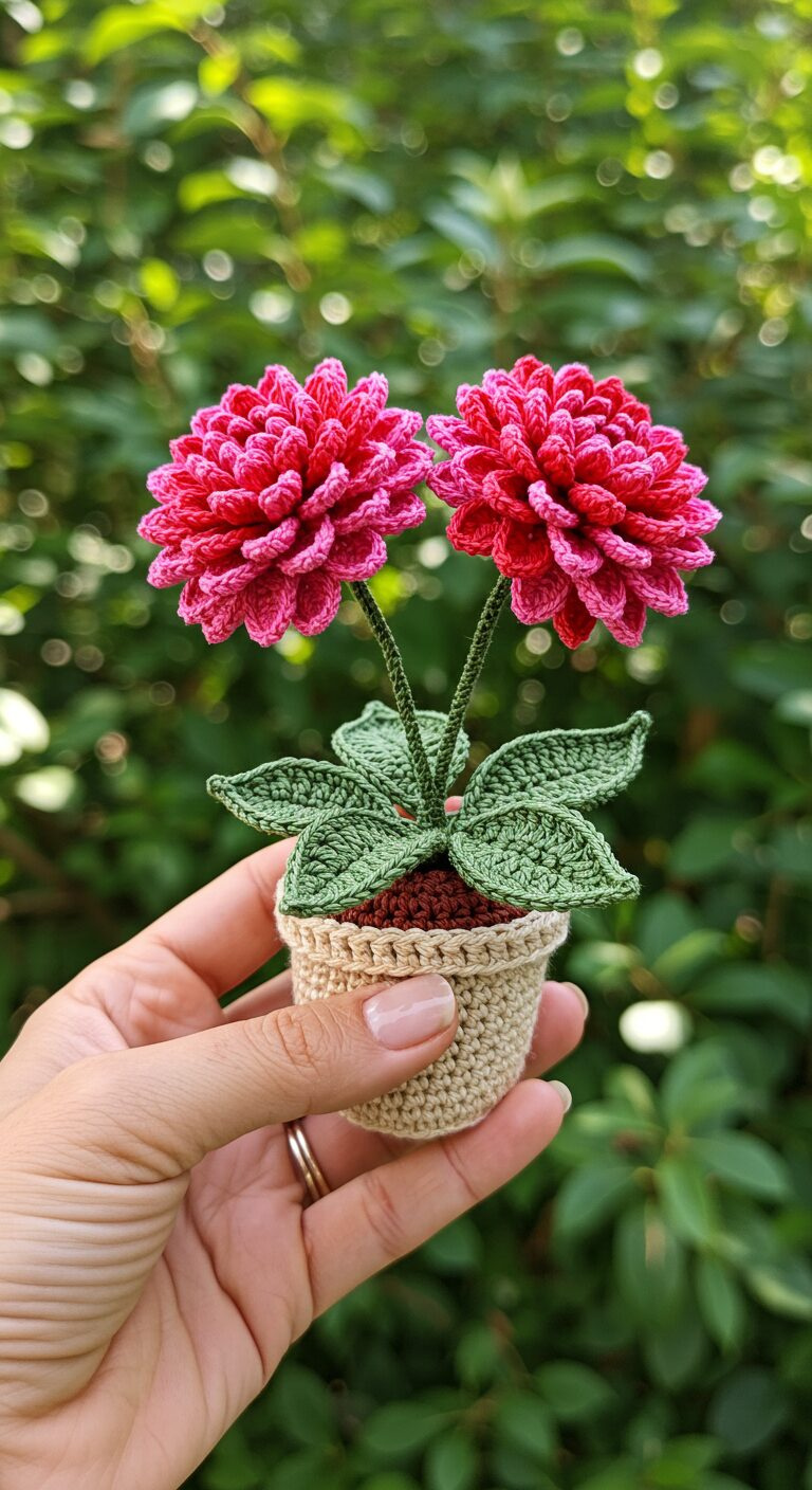 Mini Crochet Dahlia spp Plant – Intricate Blooms in Yarn 1 Twin Pink Crochet Dahlia Flowers in Cream Pot 1