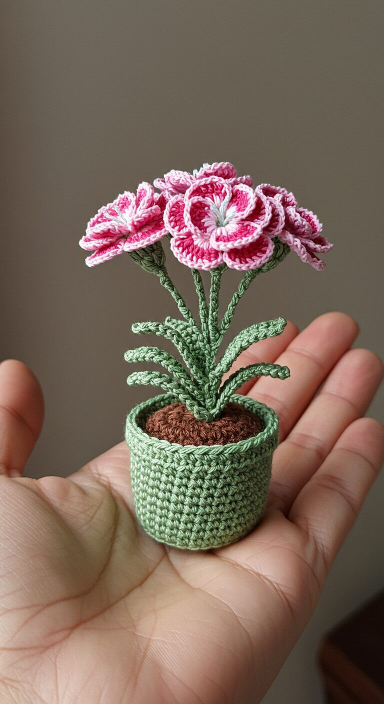 Mini Crochet Dianthus Flower – Delicate Blooms in Thread 1 White Edged Crochet Dianthus Flowers in Green Pot 1