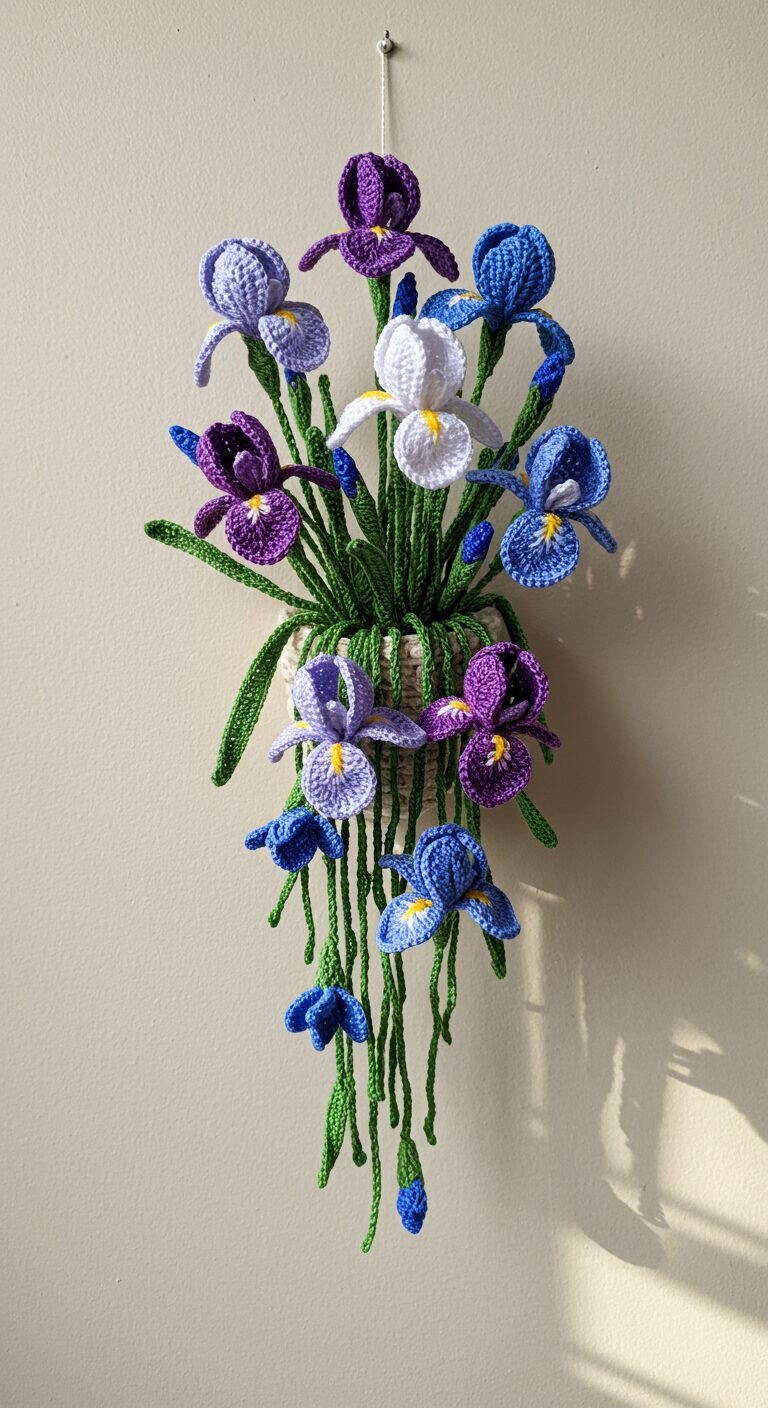 Hanging Garden of Crochet Iris Flower Wall Decor – Elegant Handmade Floral Art 1 4 3