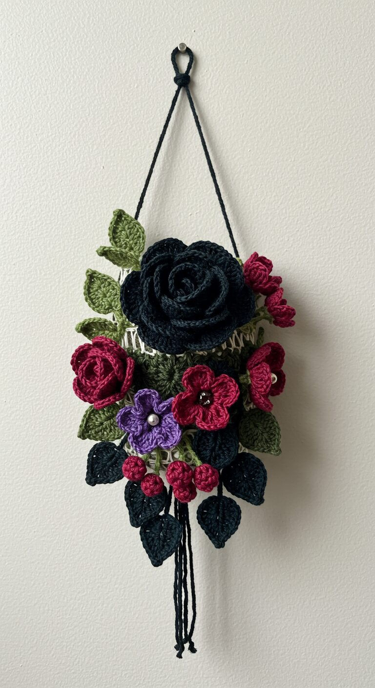 Elegant and Mysterious: Hanging Crochet Black Rose Wall Garden 1 Balanced Crochet Floral Arrangement with Black Rose Center 1