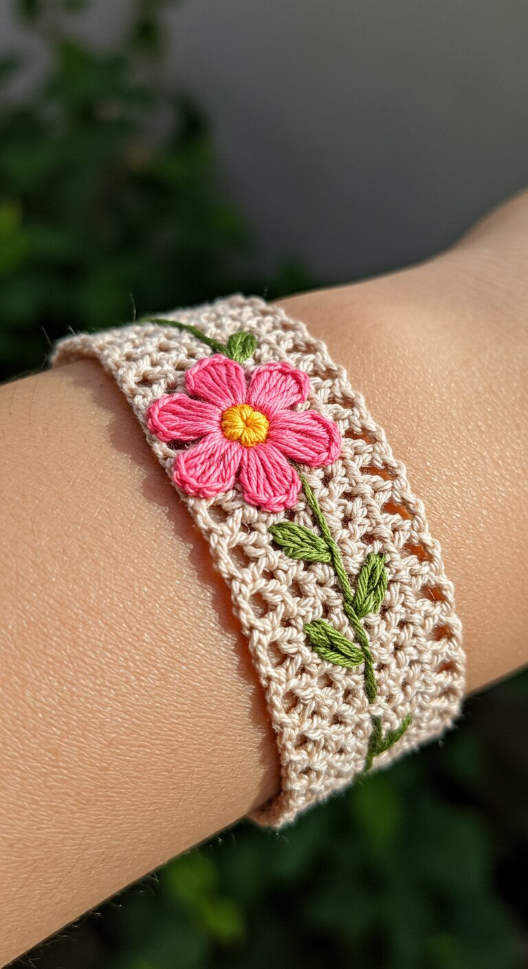 Floral Crochet Bracelet Designs: Handmade Elegance for Every Wrist 1 Beige Lace Style Crochet Bracelet with Pink Flower 1