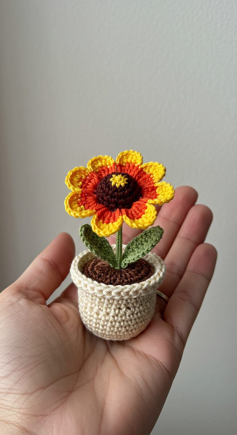 Brighten Your Day with Mini Crochet Gaillardia Flowers in Handmade Pots 1 Classic Yellow Orange Gaillardia in a Natural Pot 1