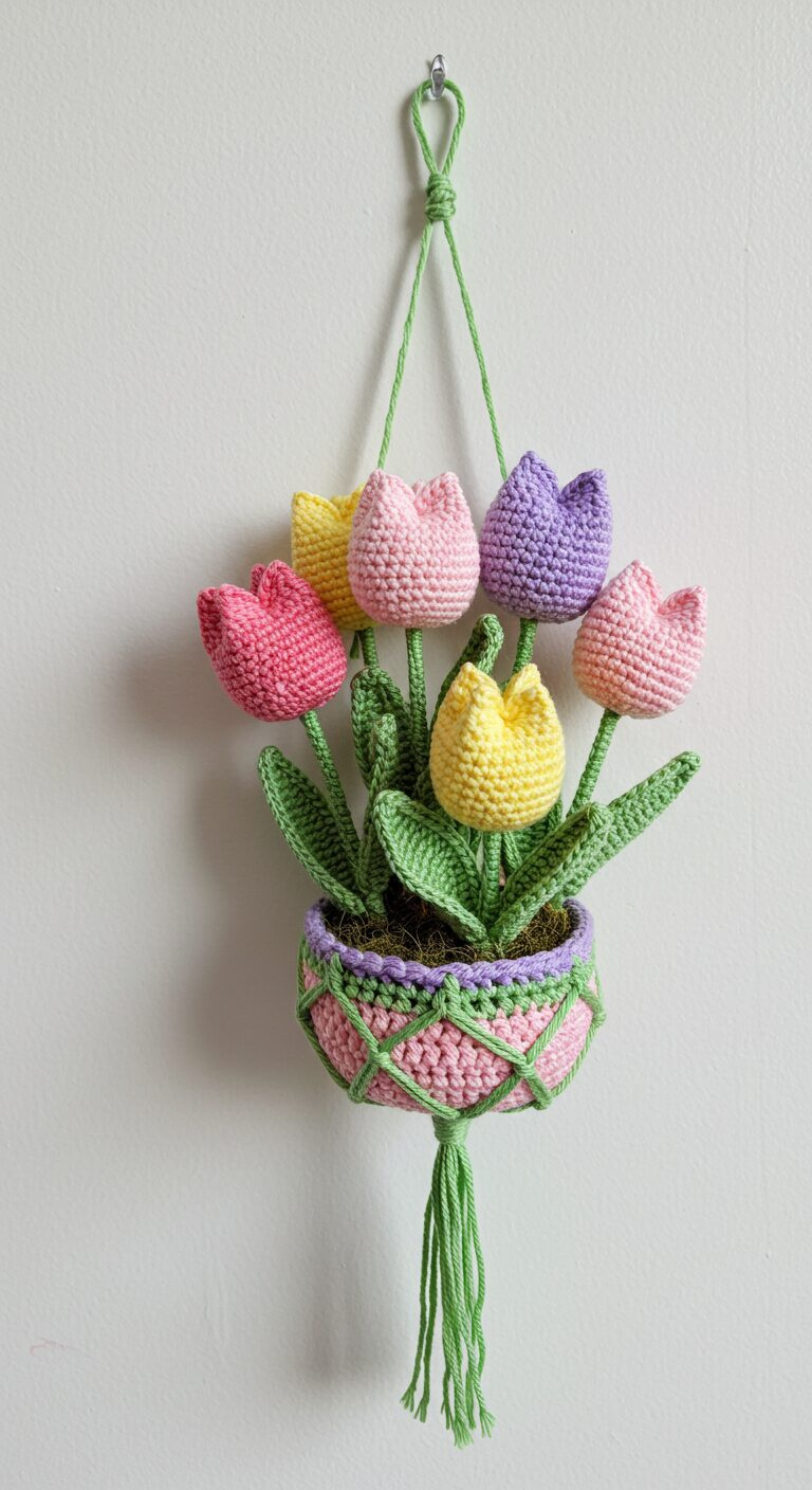 Crochet Tulip Flower Wall Decor for a Joyful Home 1 Crochet Tulip Plant in Decorative Hanging Pot 1
