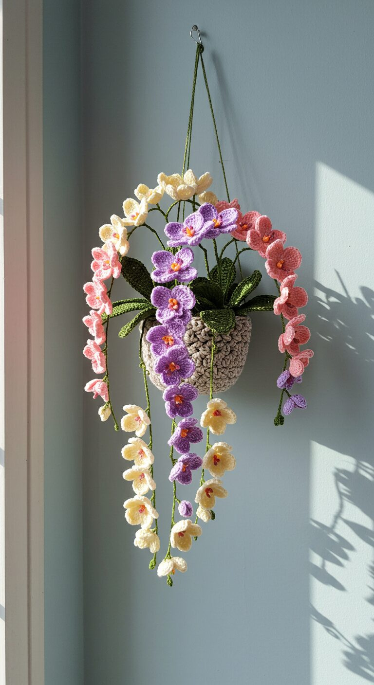 Mini Hanging Crochet Orchid Garden – A Stunning Floral Wall Art Display 1 Curved Orchid Arrangement in Hanging Pot 1
