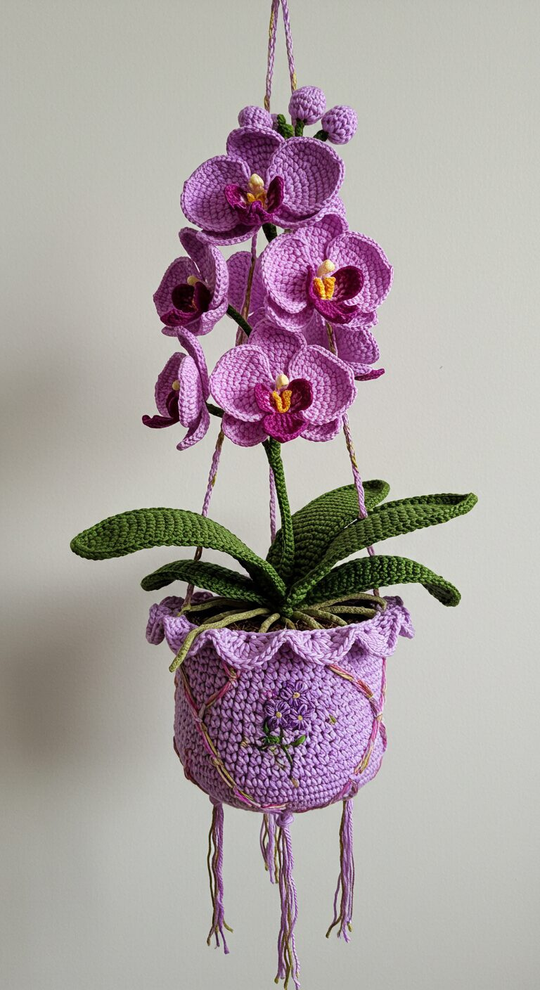 Elegant Hanging Crochet Orchid Flowers – A Touch of Artful Greenery 1 Tall Pink Orchid with Decorative Lavender Pot 1