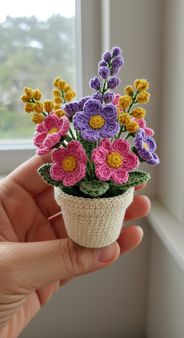 Mini Crochet Wildflowers in Handmade Pots – A Touch of Nature Indoors 1 Wild Meadow Bouquet in Cream Crochet Pot 1