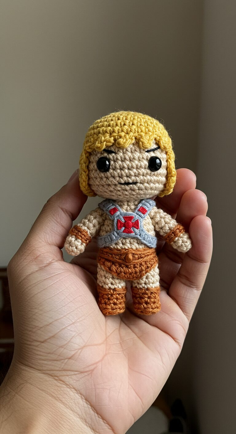 He-Man Amigurumi Crochet Hero with Sword 1 mini He Man crochet in hand 1